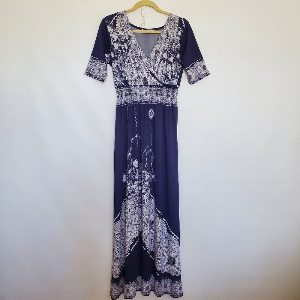 LAPOGEE MAXI DRESS FLORAL PAISLEY LIGHT-WEIGHT SOFT WHITE NAVY WOMENS ( L )